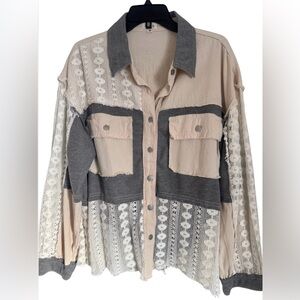 POL Crochet Lace Mixed Fabric Shacket Grey Cream Button Up Jacket Size M NWOT